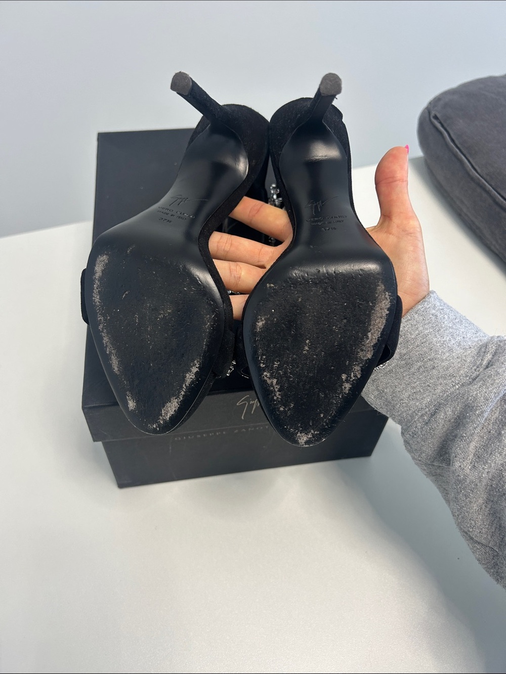Giuseppe Zanotti Black Satin Crystal Flower Ankle-Strap Heels - Picture 5 of 7